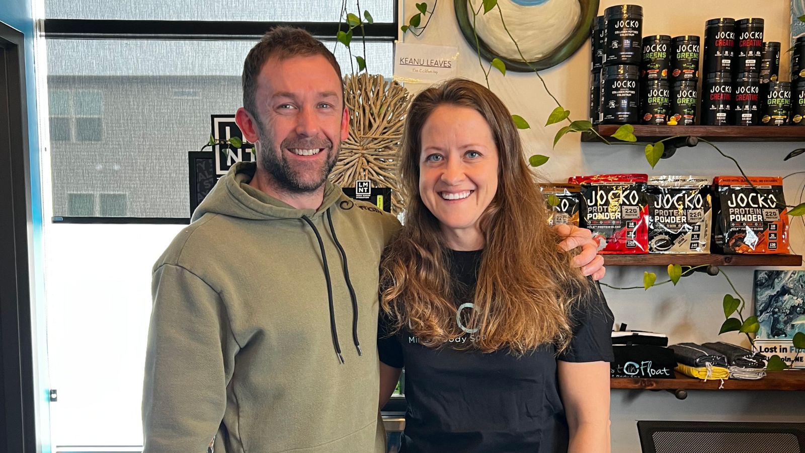 Gina and Levi Wertz, owners of Lost in Float, in the lobby in Lincoln, NE